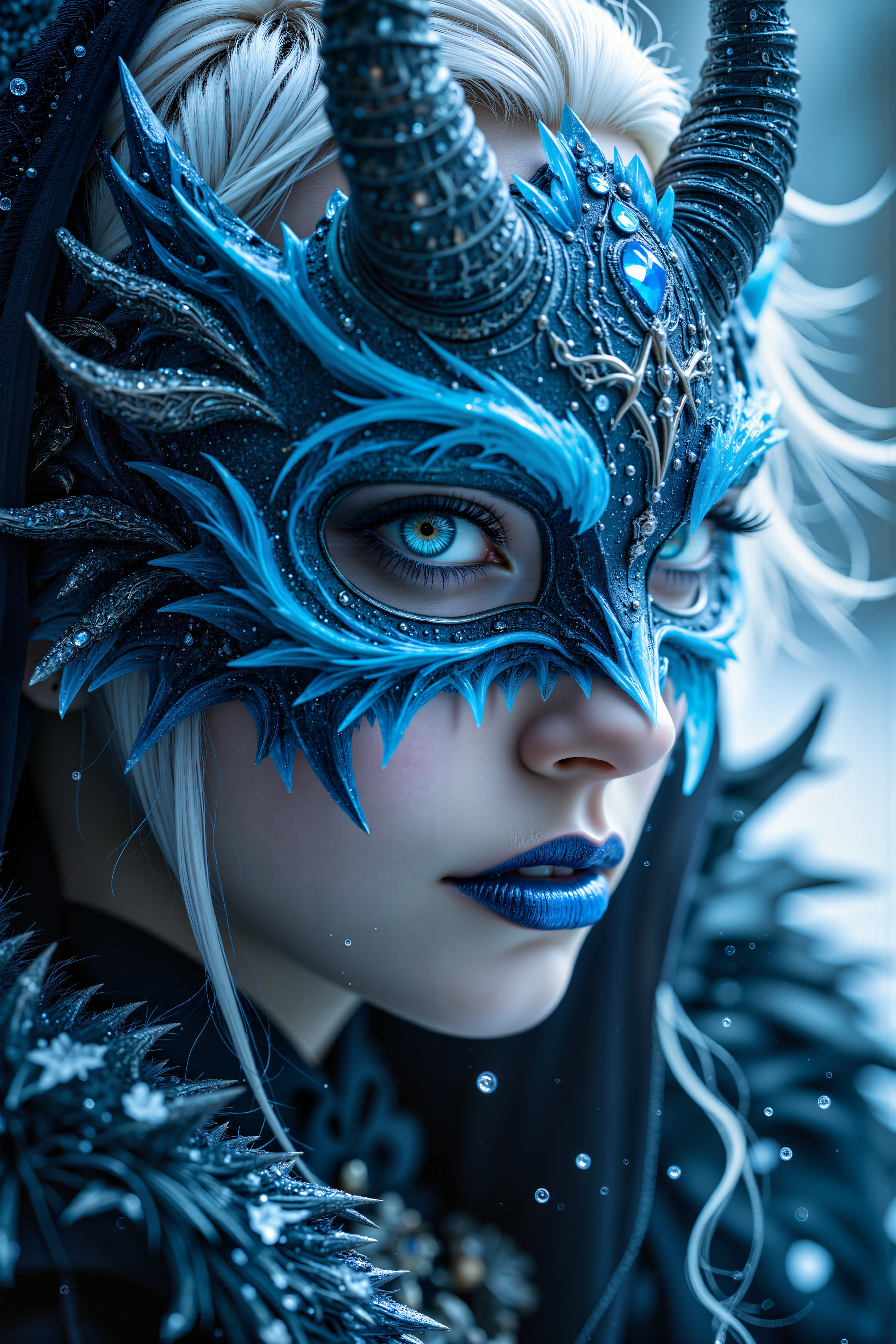 A hyper-realistic portrait, photorealistic photo close-up image of A close-up portrait of a female, with short, spiked white hair and pale, almost translucent skin, belonging to a mysterious race of ice witches. She appears to be in her early 30s, her gaze cold and calculating beneath a sinister, horned mask. The mask is carved from ancient, enchanted ice, with jagged, crystalline horns that protrude from either side, each one glistening with frozen shards. The surface of the mask is smooth, but faint blue runes pulse with a chilling light, spreading an aura of cold that seems to seep from the mask itself. Her lips are blue and slightly parted, revealing sharp, icicle-like teeth, and her icy blue eyes glow with a dangerous, arcane power. The background is a swirling mist of frosty whites and cool blues, with hints of silver that shimmer like the Northern Lights, creating a scene that is both beautiful and terrifying. The combination of the horned mask and the icy backdrop gives her the appearance of an ancient, powerful witch, commanding the frozen forces of her homeland. (photography, high-resolution, dynamic, energetic,hyper-realistic, dramatic lighting, shallow depth of field.), detailmaximizer, MythP0rt<lora:midjourney_whisper_flux_lora_v01:0.55><lora:aidmaMJ6.1-FLUX-V0.1:0.4><lora:FluxMythP0rtr4itStyle:0.4><lora:detailed_flux_ntc:2.2><lora:aidmaImageUpgrader-FLUX-V0.1:0.65>