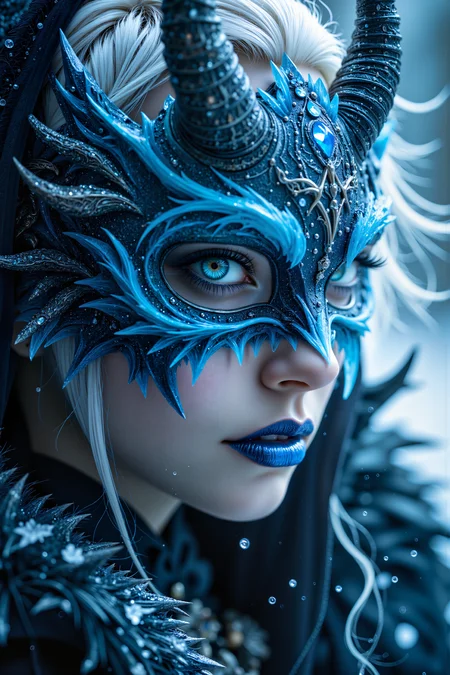 A hyper-realistic portrait, photorealistic photo close-up image of A close-up portrait of a female, with short, spiked white hair and pale, almost translucent skin, belonging to a mysterious race of ice witches. She appears to be in her early 30s, her gaze cold and calculating beneath a sinister, horned mask. The mask is carved from ancient, enchanted ice, with jagged, crystalline horns that protrude from either side, each one glistening with frozen shards. The surface of the mask is smooth, but faint blue runes pulse with a chilling light, spreading an aura of cold that seems to seep from the mask itself. Her lips are blue and slightly parted, revealing sharp, icicle-like teeth, and her icy blue eyes glow with a dangerous, arcane power. The background is a swirling mist of frosty whites and cool blues, with hints of silver that shimmer like the Northern Lights, creating a scene that is both beautiful and terrifying. The combination of the horned mask and the icy backdrop gives her the appearance of an ancient, powerful witch, commanding the frozen forces of her homeland. (photography, high-resolution, dynamic, energetic,hyper-realistic, dramatic lighting, shallow depth of field.), detailmaximizer, MythP0rt<lora:midjourney_whisper_flux_lora_v01:0.55><lora:aidmaMJ6.1-FLUX-V0.1:0.4><lora:FluxMythP0rtr4itStyle:0.4><lora:detailed_flux_ntc:2.2><lora:aidmaImageUpgrader-FLUX-V0.1:0.65>