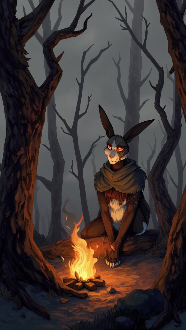 <lora:ck-LttleGhost-000011.safetensors:1> in the style of ck-lttlegh0stAn anthropomorphic rabbit sits near a campfire in a desolate forest, its tattered cloak and somber expression evoking melancholy. Gnarled tree trunks loom around the fire, casting long, ominous shadows. A gray sky hangs above, illuminated only by the soft glow of flames that dance across the rabbit's pale face, emphasizing its despair.
