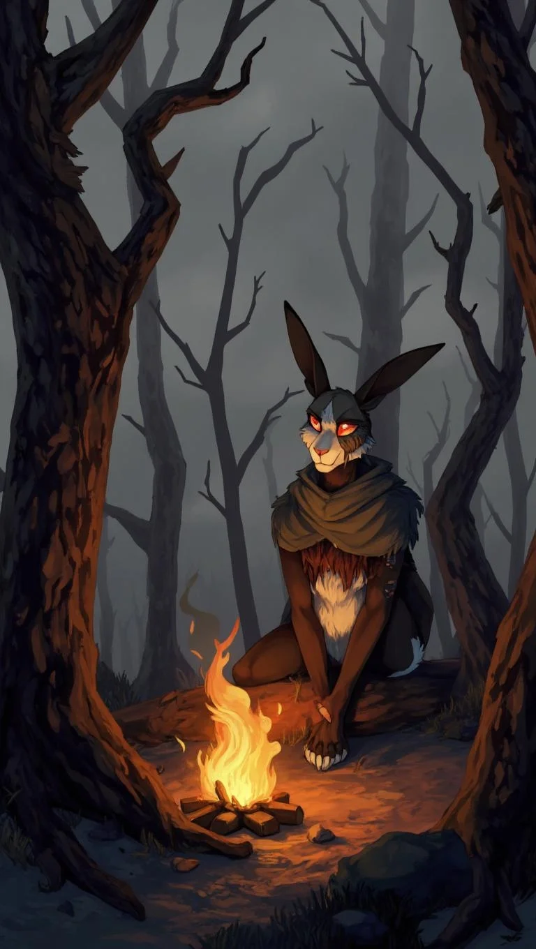 <lora:ck-LttleGhost-000011.safetensors:1> in the style of ck-lttlegh0stAn anthropomorphic rabbit sits near a campfire in a desolate forest, its tattered cloak and somber expression evoking melancholy. Gnarled tree trunks loom around the fire, casting long, ominous shadows. A gray sky hangs above, illuminated only by the soft glow of flames that dance across the rabbit's pale face, emphasizing its despair.