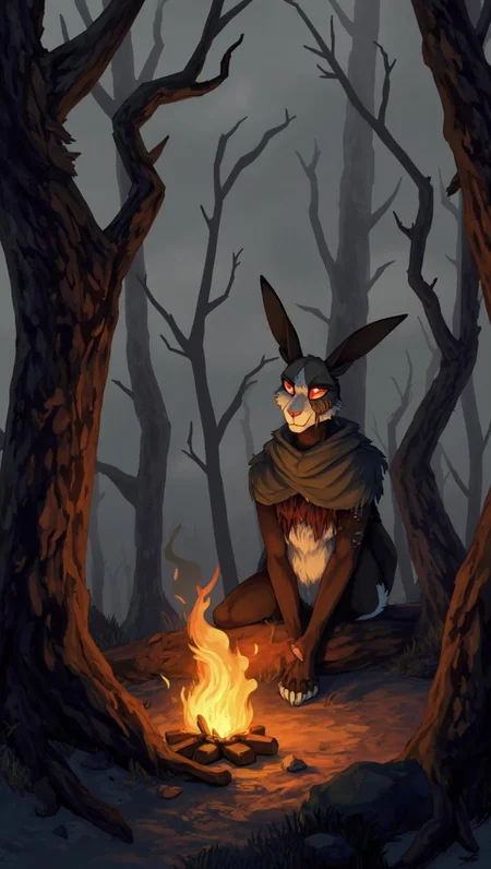 <lora:ck-LttleGhost-000011.safetensors:1> in the style of ck-lttlegh0stAn anthropomorphic rabbit sits near a campfire in a desolate forest, its tattered cloak and somber expression evoking melancholy. Gnarled tree trunks loom around the fire, casting long, ominous shadows. A gray sky hangs above, illuminated only by the soft glow of flames that dance across the rabbit's pale face, emphasizing its despair.