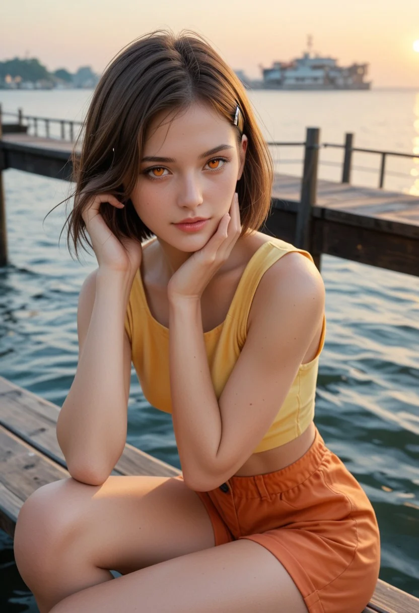 score_9_up, score_8_up, score_7_up, score_6_up, 1girl, 25 years old, perfect face, (adult), sexy,
orange eyes,
brown hair, short hair, bob cut, hair ornament, hairclip,
orange shorts, yellow shirt,
pier,
adjusting hair,
sitting,