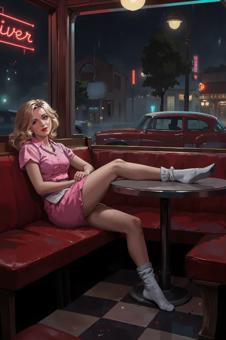 illustration .The scene takes place inside a classic American diner in the mid-1950s, late at night. The lights are dim and moodyâneon signage from outside filters through the large diner windows, casting a soft red and turquoise glow across the chrome surfaces, checkered tile floors, and red leather booths. The diner feels quiet now, like the closing moment of a long shift.
In one of the corner booths sits a breathtakingly beautiful 30-year-old blonde waitress, taking a rare moment to unwind.  Sheâs wearing a pink and white 1950s waitress uniformâshort-sleeved, collared, with a pressed apron tied at her waist. Her long, blonde hair is styled in soft vintage waves, partially pinned back in the modest but fashionable style of the era. Her makeup is minimal but elegant, with soft eyeliner and classic red lipstick that enhances her youthful glow and natural beauty.
She is leaning lazily back against the wall of the booth, her shoulders relaxed, head slightly tilted as she talks to someone just off-camera with a warm, expressive lookâhalf amused, half contemplative. Her legs are stretched out along the booth seat in front of her, fully reclined, a casual, tired pose that reflects the end of a long shift.
On her feet are worn, white cotton bobby socks that are clearly damp with sweatânoticeably wrinkled, slightly discolored at the soles and heels from wear, and clinging lightly to her feet. The fabric shows the creases and folds of movement, with soft bunching around her ankles. Her black work shoes are off and sit neatly on the floor below the table.
Behind her, a large window reveals a quiet suburban small-city street, dimly lit by an old-fashioned streetlamp. The pavement is slightly wet from earlier rain, and a 1950s sedan is parked along the curb. Soft glimmers of neon from the diner sign are reflected in puddles, adding a dreamy glow to the night. The scene feels both cinematic and intimateâan authentic slice of mid-century Americana, captured at rest.