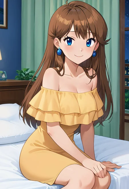 score_9, score_8_up, masterpiece, best quality, uncensored, correct anatomy, detailed background, anime_source, 1girl, solo, alone, perfect eyes, perfect arms, perfect legs, perfect face, indoors, medium breasts, bare shoulders, gurin, blue eyes, brown hair, long hair, bangs, sidelocks, looking at viewer, strapless, a short yellow dress, fl0unc3dr355, dress, off shoulder, blue earrings, round earrings, Sitting on her bed, bedroom background, smile, looking at viewers, cowboy shot, indoors, night