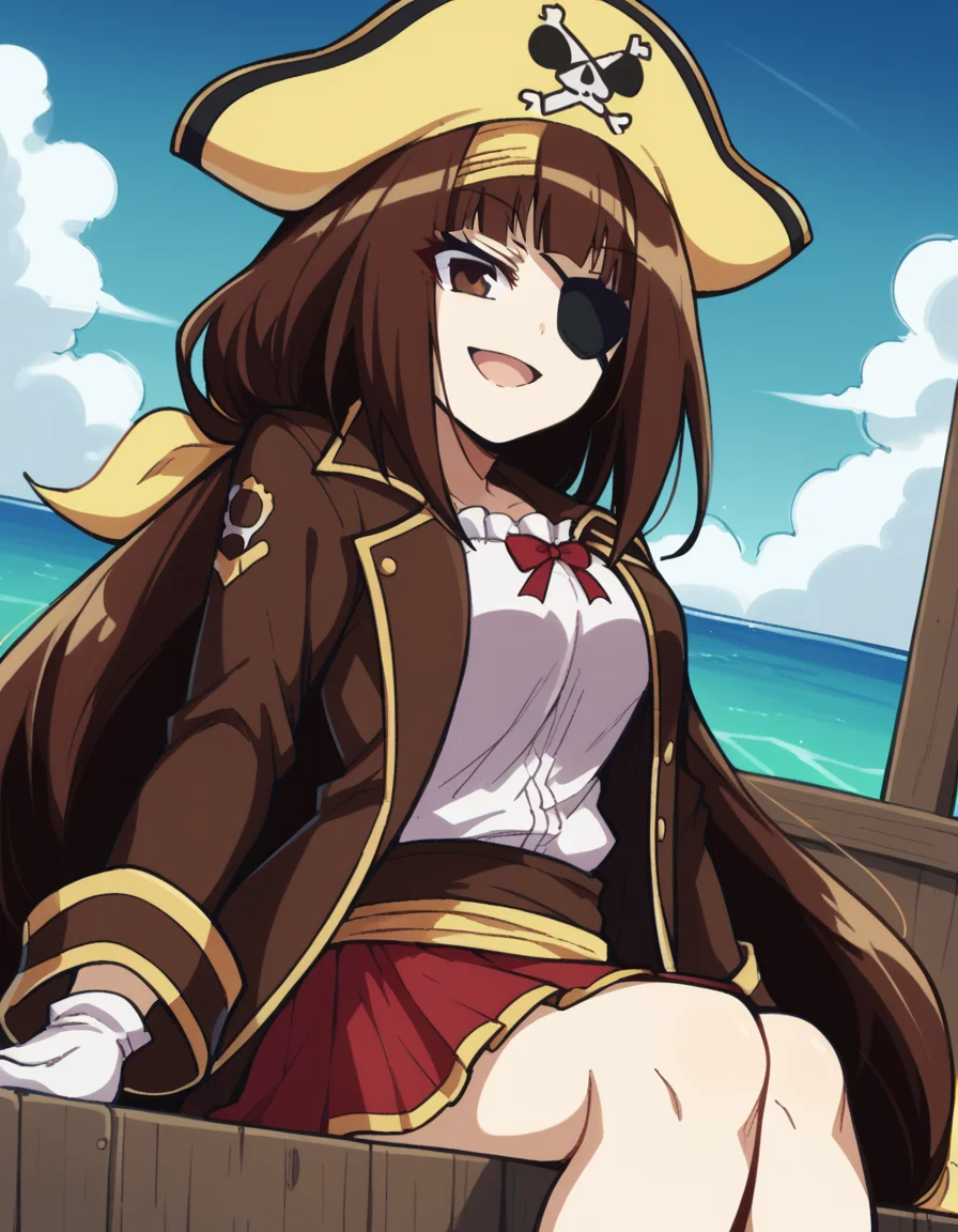 score_9, score_8_up, score_7_up, source_anime, <lora:najimi-ajimu-s2-ponyxl-lora-nochekaiser:1>, najimi ajimu, long hair, brown hair, bow, ribbon, brown eyes, very long hair, low-tied long hair, hair band, hair bow, yellow hairband, medium breasts,, <lora:pirate-costume-ponyxl-lora-nochekaiser:1>, pirate costume, pirate hat, skirt, gloves, jacket, shirt, eyepatch,, blue sky, sea, ocean, pirate ship, treasure, gold, smug, open mouth, from below, sitting,, , dutch angle, cowboy shot
