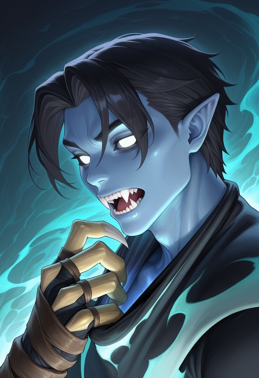 AMAZING QUALITY, MASTERPIECE, 1BOY, PORTRAIT, RAZIEL, POINTY EARS, BLUE SKIN, BLACK HAIR, WHITE EYES, CLOTH PULL, CLAWS, (JAWLESS), FANGS, SPIRIT REALM,