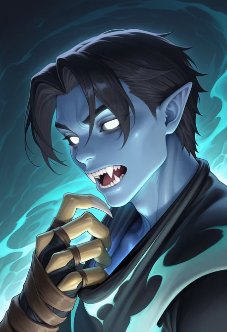AMAZING QUALITY, MASTERPIECE, 1BOY, PORTRAIT, RAZIEL, POINTY EARS, BLUE SKIN, BLACK HAIR, WHITE EYES, CLOTH PULL, CLAWS, (JAWLESS), FANGS, SPIRIT REALM,