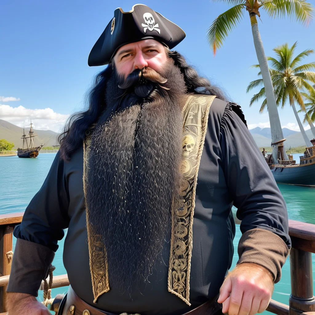 powerbeard, pirate captain, 17th century, long black wig, tall, burly, black hair, hairy arms, galleon, standing on main deck, skull and crossbones flag, jolly roger, rigging, rope coil, half full antique rum bottles, tropical inlet, aqua water, sun reflections on water, late afternoon, palm trees, distant mountains, detailed background, shadows<lora:Power_Beards:1>