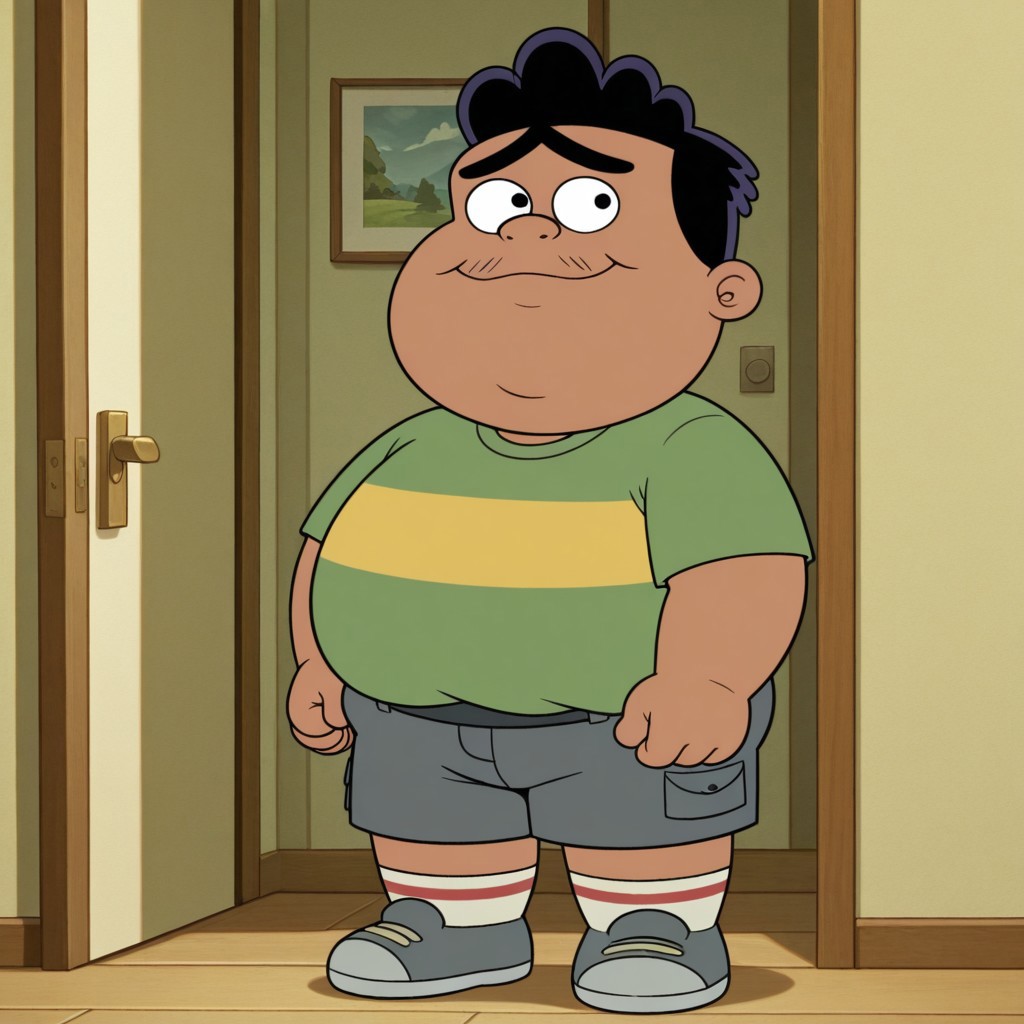 Masterpiece, dynamic, expressive, best quality, amazing quality, detailed, detailed background, detailed shading, solo, bignacho, unibrow, mustache hairs, black hair, male, solo, fat, plump, obese, young, tan skin, dark skin, green shirt with yellow stripes, grey shorts, socks, grey shoes, shirt tucked into shorts, standing, inside, looking at viewer, eye contact, happy, smiling, dynamic