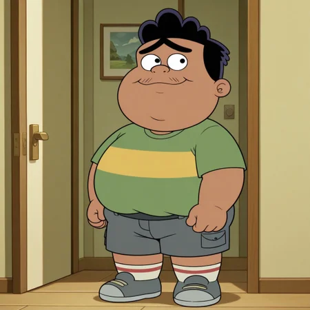Masterpiece, dynamic, expressive, best quality, amazing quality, detailed, detailed background, detailed shading, solo, bignacho, unibrow, mustache hairs, black hair, male, solo, fat, plump, obese, young, tan skin, dark skin, green shirt with yellow stripes, grey shorts, socks, grey shoes, shirt tucked into shorts, standing, inside, looking at viewer, eye contact, happy, smiling, dynamic