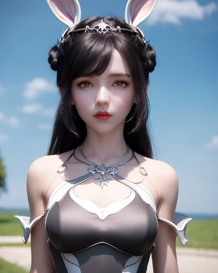 1girl, black hair, breasts, cloud, cloudy sky, detached sleeves, dress, jewelry, lips, long hair, medium breasts, outdoors, parted lips, petals, rabbit ears, sky, solo, upper body,looking at viewer,