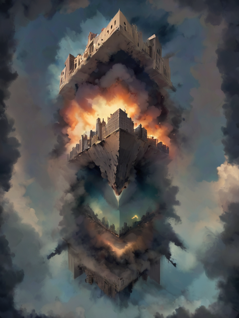 ptm-no2, skyscrapers in a wasteland city standing upside-down, optical illusion, nighttime, glow,  <lora:- SDXL - ptm-no2_style_V1.0:.9>   <lora:- SDXL - otclillsn_impossible_geo_V1.0:0.8> otclillsn