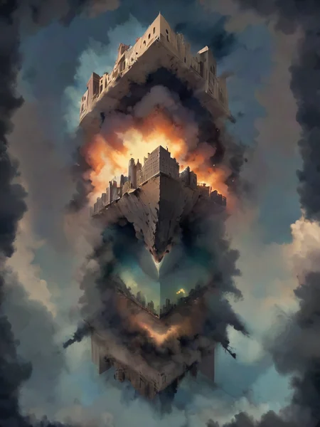 ptm-no2, skyscrapers in a wasteland city standing upside-down, optical illusion, nighttime, glow, <lora:- SDXL - ptm-no2_style_V1.0:.9> <lora:- SDXL - otclillsn_impossible_geo_V1.0:0.8> otclillsn