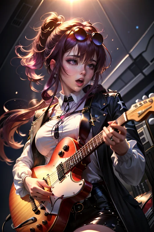 beautiful, (masterpiece:1.2), (best quality:1.2),solo,1girl,star-kafka,purple hair,eyewear on head,bangs,purple eyes,long sleeves,holding instrument, guitar, playing instrument, open mouth,  <lora:kafka-v1.6-lora-anylora-128dim-block:0.7>