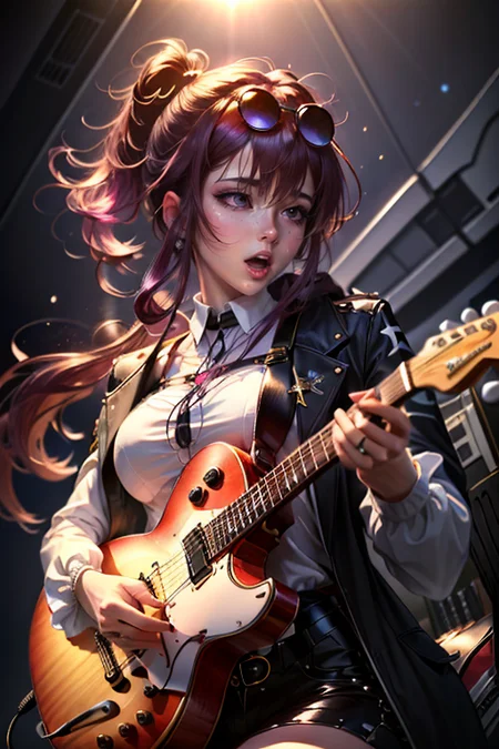 beautiful, (masterpiece:1.2), (best quality:1.2),solo,1girl,star-kafka,purple hair,eyewear on head,bangs,purple eyes,long sleeves,holding instrument, guitar, playing instrument, open mouth, <lora:kafka-v1.6-lora-anylora-128dim-block:0.7>