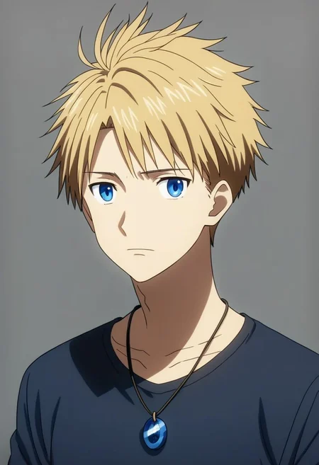 high resolution, solo, best quality, 1Boy, Yamato Ishida, Blond Hair, Blue Eyes, Necklace, potrait, dark shirt, looking at viewer, focused gaze forward, simple background, straight body, upper body, head upright, anxiety, OverallDetail