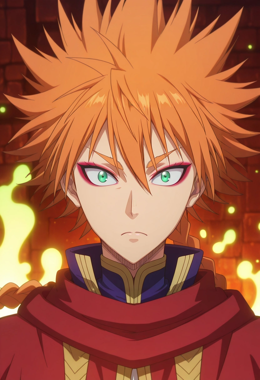 masterpiece, best quality, , anime screencap, , , looking at viewer, 1boy, solo, male focus, <lora:leopold_vermillion_ilxl:0.96>, leopold_vermillion, orange hair, green eyes, spiked hair, long hair, braid, single braid, makeup, eyeshadow, eyeliner, , enchanted market, floating goods, glowing signs, magical wares, browsing pose, fascinated expression, magical lighting,