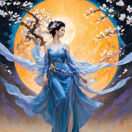 <lora:add-detail-xl:1.0>, 1girl, moon, solo, flower, full moon, dress, hair ornament, branch, black hair, jewelry <lora:LangV2:0.85>, <lora:RuanV2:0.6>,