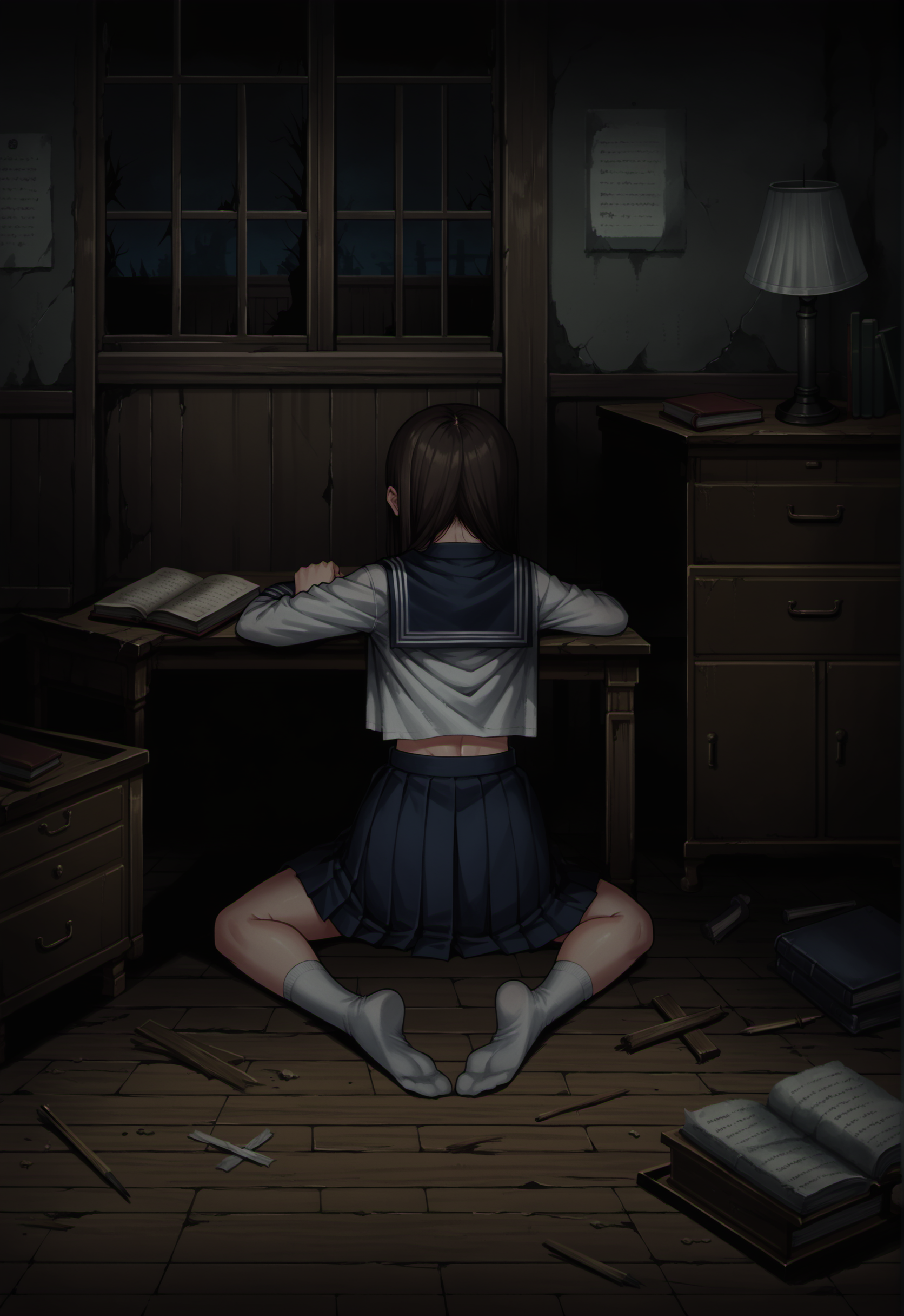 score_9, score_8_up, score_7_up, score_6_up
BREAK
1girl, school uniform,serafuku,long sleeves,ascot,blue skirt,pleated skirt,kneehighs,white socks,uwabaki,wrinkling of clothes, sitting, on floor,  candle, candlelight, close-up, 
BREAK
heavenlyhost, school, nursery, wooden floor, desk, calendary, lamp, book, bookcase, mirror, table, dresser, towel, horror \(theme\), night, indoors <lora:HeavenlyHostBG:0.9>