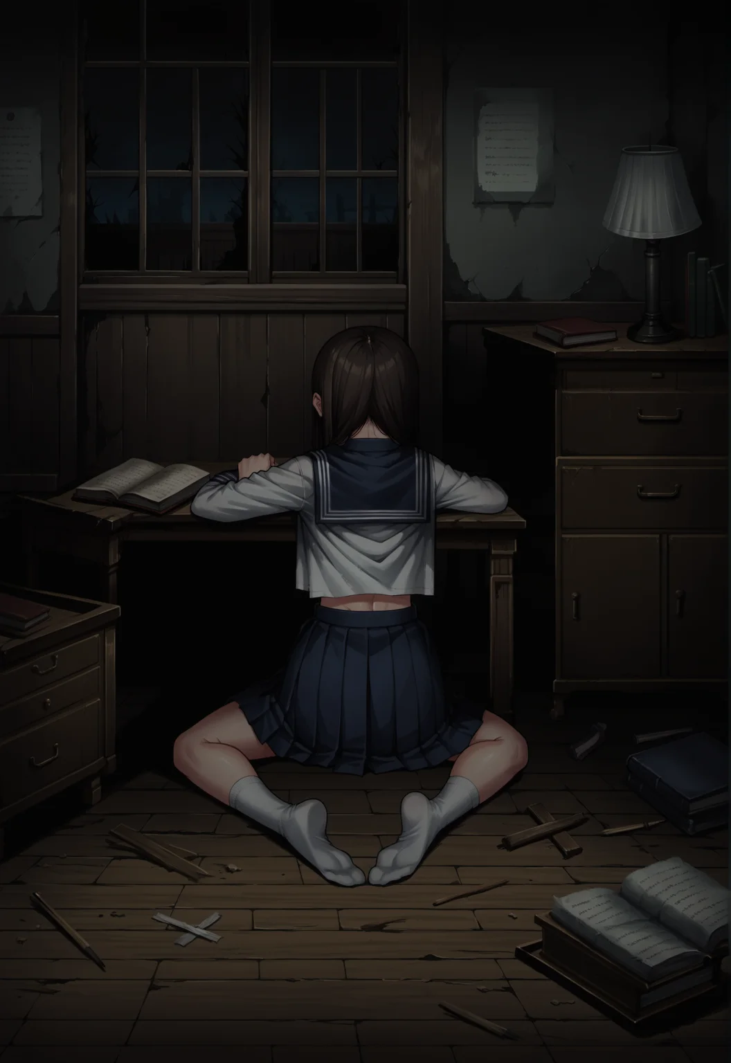 score_9, score_8_up, score_7_up, score_6_up
BREAK
1girl, school uniform,serafuku,long sleeves,ascot,blue skirt,pleated skirt,kneehighs,white socks,uwabaki,wrinkling of clothes, sitting, on floor, candle, candlelight, close-up,
BREAK
heavenlyhost, school, nursery, wooden floor, desk, calendary, lamp, book, bookcase, mirror, table, dresser, towel, horror \(theme\), night, indoors <lora:HeavenlyHostBG:0.9>