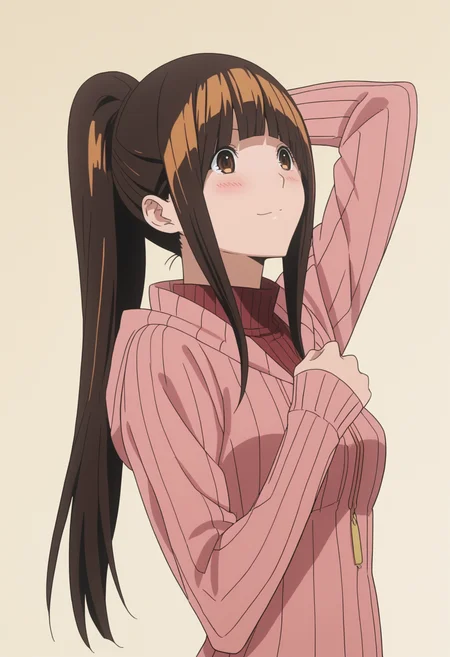 score_9, score_8_up, score_7_up, BREAK, 1girl, anime screencap , <lora:DX888Miho:1> azuki miho, brown hair, brown eyes, long hair, blunt bangs,
light smile, blush, ribbed sweater, pastel background, yellow background