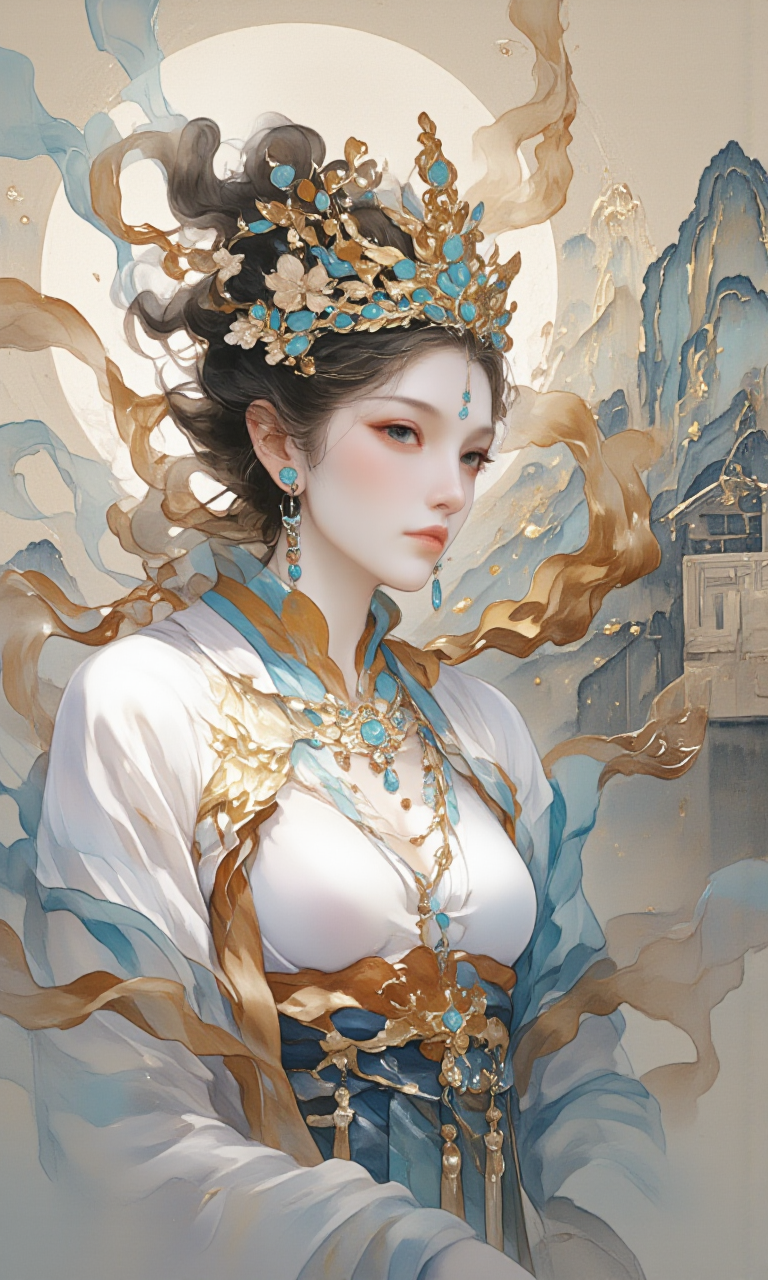 Top Atmosphere Photography Works, extremely realistic, midjourneyv6.1, mythp0rt, Portrait by Dorota Pietrowiak,
﻿
masterpiece, best quality, photorealistic, (Extremely realistic, top quality, official art, beautiful and aesthetic:1.2), 4k, 8k, very rich details, close-up, 
﻿
(1girl/immortal, jewelry, earrings, red lips, long sleeves, chinese clothes, hanfu, hair bun, shawl, ribbon, Phoenix Crown, Biyao, Jade Ornaments, Floral Ornaments, armor, Hair Pin, Hair Comb, Golden Forehead Ornament, Beaded Strands, feathers clothes, cleavage, huge chest) is holding a book with her right hand, and making a (jianjue/holding the index and middle fingers together with the thumb pressing against the ring finger) with her left hand, 
﻿
fog, clouds, mountain, floating in mid air, floating in sky, statdust,

very strong contrast, dramatic Lighting,
strong visual contrast, from below, perfect cue,
cinematic film style, special effects, VFX, award-winning picture, highly detailed, ultra-high resolutions, 32K UHD, sharp focus,
﻿
(photorealistic:1.5), (Extremely realistic, masterpiece, top quality, official art, best quality, beautiful and aesthetic:1.2), 4k, 8k, 
very rich details, 