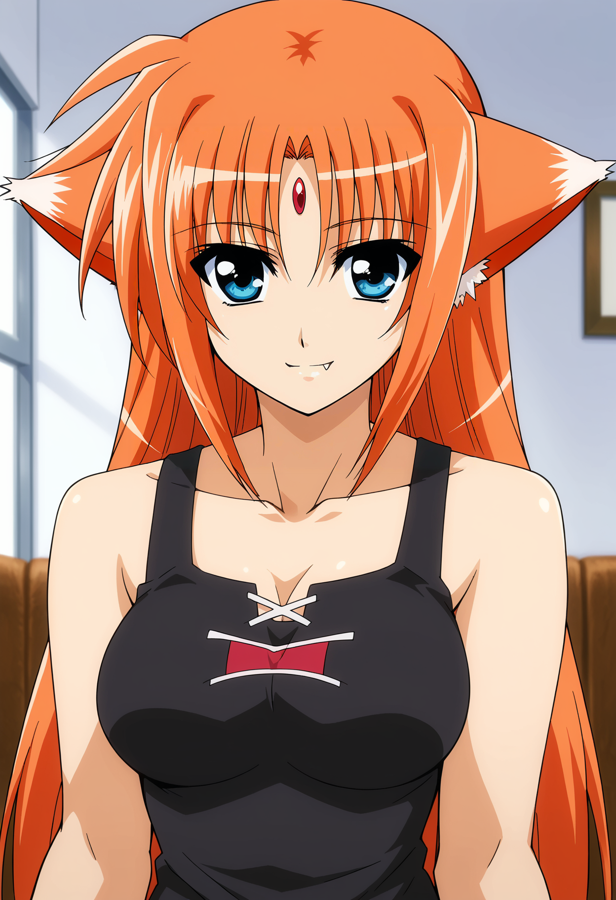 <lora:Arf-Mahou_Shoujo_Lyrical_Nanoha:0.9>,Arf,1girl,solo,long hair,animal ears,blue eyes,forehead jewel,orange hair,fang,breasts,tank top,upper body,looking at viewer,smile,indoors