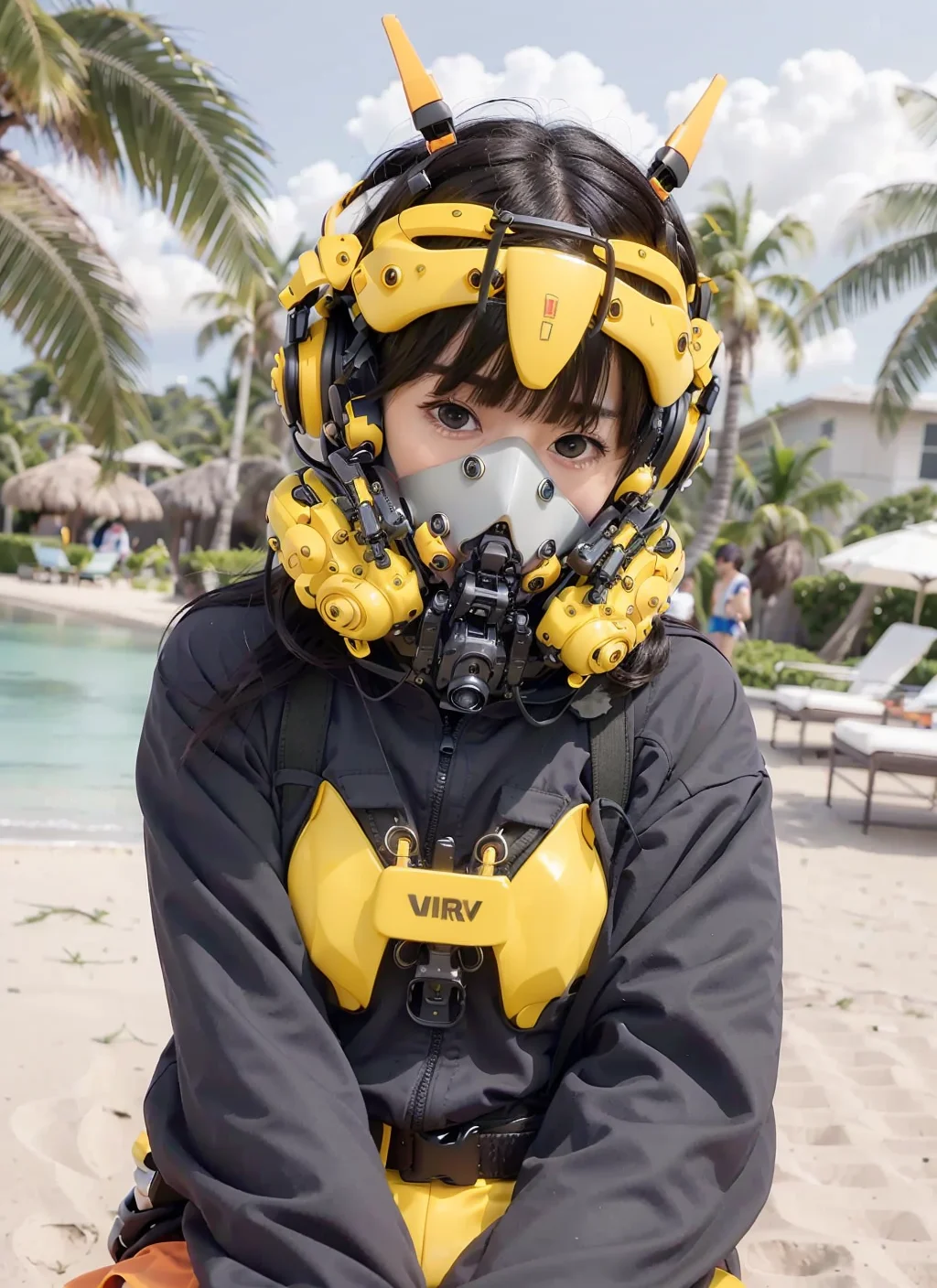 masterpiece, realistic, 1 woman, (wearing a yellow full coverage VR - techpunkmask with smallish antenna), (wearing black shirt and orange rosette), blond hair, smiling eyes, sitting by the palm-fringed beach, sunny and rich in colour,<lora:techpunkmask_v0.5-000002:0.7>