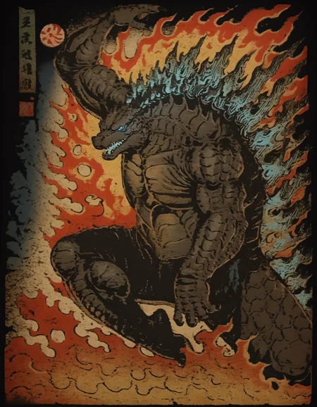 score_9,score_8_up,score_7_up,traditional japanese art,fighting stance,dcr34sed_c0l0ring,cr33pp41nt,godzilla,spines,glowing spines,glowing blue eyes,atomic breathe fire with swirling clouds with epic background,detailed face,4k,zPDXL3,,,,<lora:dcr34sed-c0l0ring:0.8>,<lora:traditional_Japanese_art:1>,<lora:Godzilla_PONY_XL_Ver:1>,<lora:add-detail-xl:2>