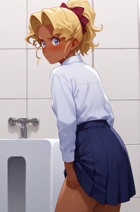 score_9, score_8_up, score_7_up, score_6_up, score_5_up, score_4_up,agu, 1girl, solo, from_behind, blush, school_uniform, skirt, shirt, bow, dark_skin, breasts,  <lora:AnimeUrinalUse-Pony:0.99> bathroom,  <lora:MihoshiV1:0.7> kuramitsu_mihoshi, (high quality, detailed, beautiful)
