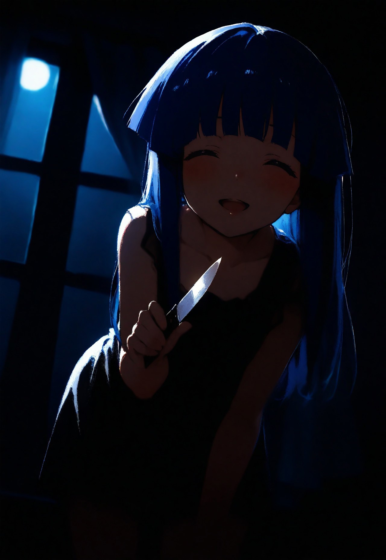 1girl, solo, furude rika, lips, looking at viewer, blush, ^ ^, smile, open mouth, holding knife, leaning forward, cowboy shot, from below,dutch angle, backlighting, dark, night, moonlight, indoors, curtains, window, masterpiece, best quality, very aesthetic, 