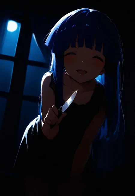 1girl, solo, furude rika, lips, looking at viewer, blush, ^ ^, smile, open mouth, holding knife, leaning forward, cowboy shot, from below,dutch angle, backlighting, dark, night, moonlight, indoors, curtains, window, masterpiece, best quality, very aesthetic, 