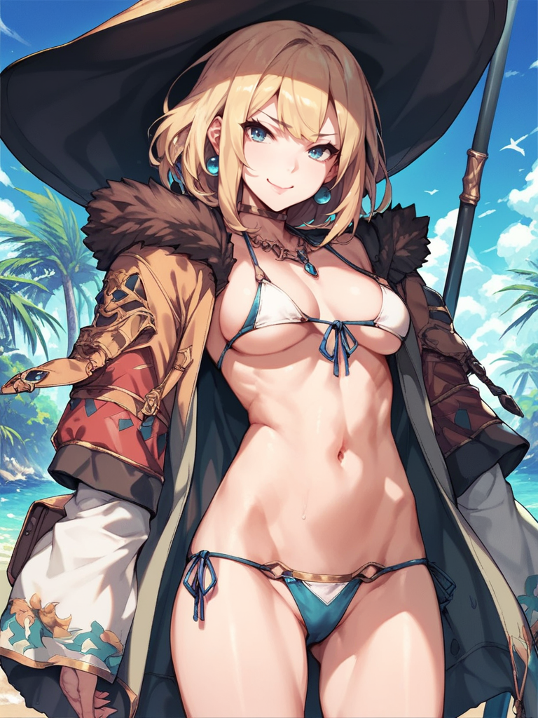score_9,score_8_up,score_7_up,source_anime,1girl,<lora:sorcerer:1>,sorcerer,bikini,blonde hair,smile,