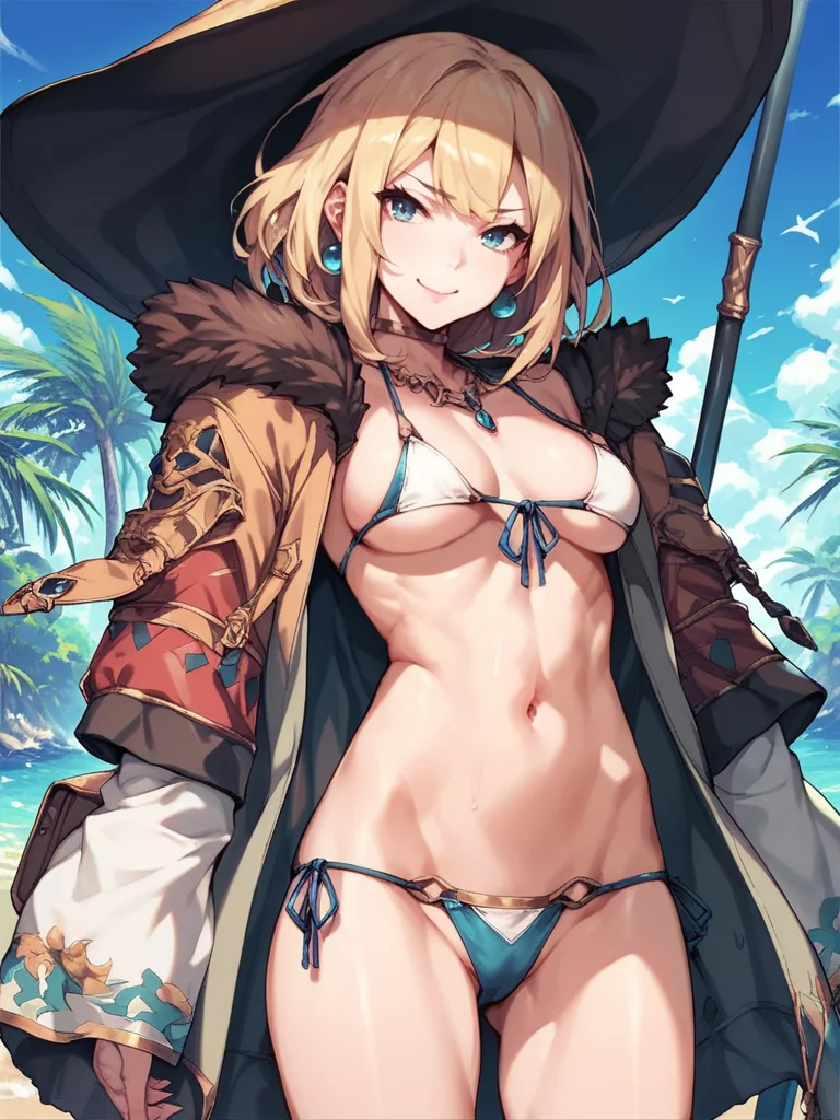 score_9,score_8_up,score_7_up,source_anime,1girl,<lora:sorcerer:1>,sorcerer,bikini,blonde hair,smile,