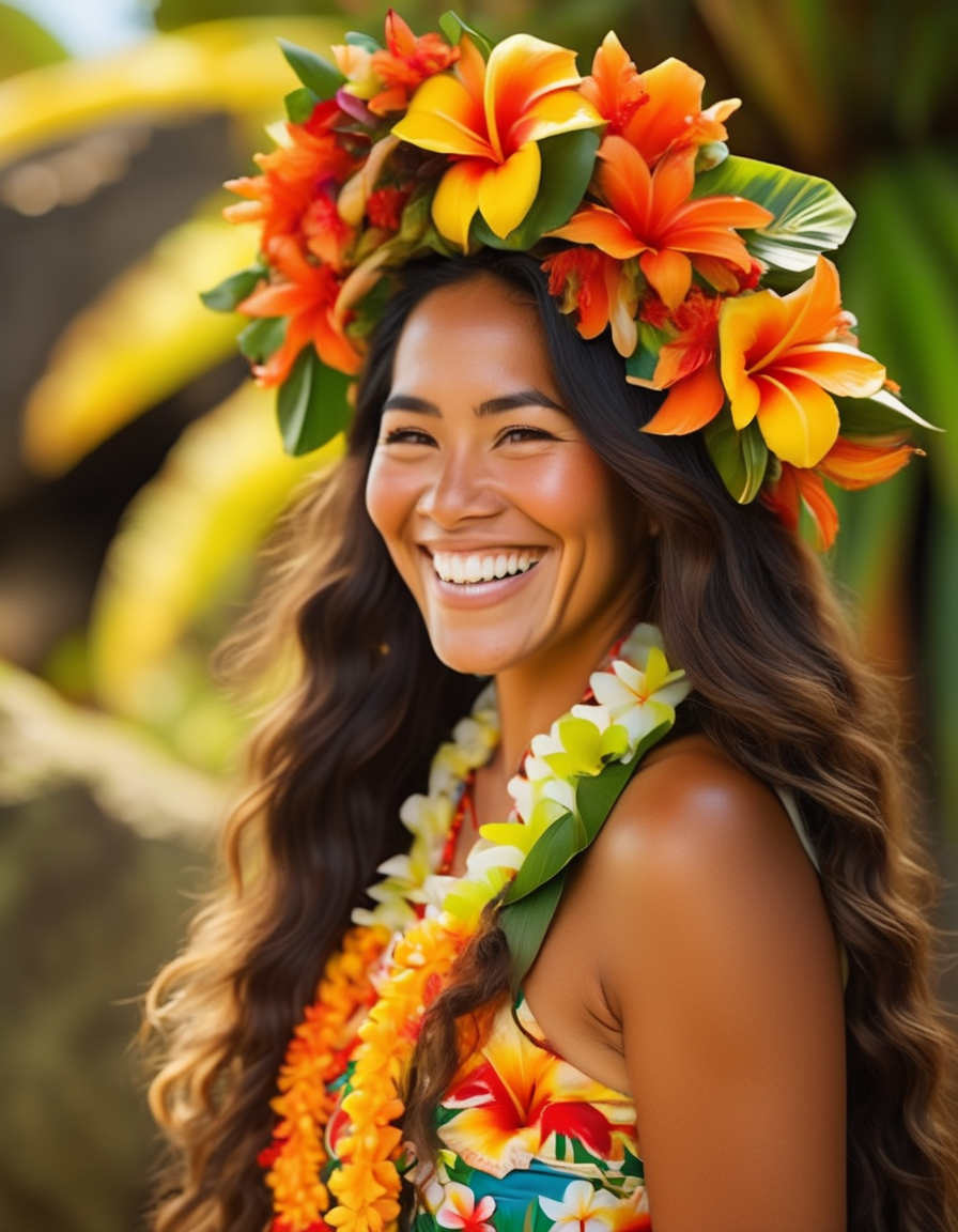 A portrait of a Native Hawaiian woman with long, wavy hair cascading down her back, adorned with a lei of vibrant tropical flowers. Her deep brown eyes reflect the warmth of the sun, and she wears a traditional paâu skirt in bright, cheerful colors. Her smile is as radiant as the island itself. <lora:usual-portrait-v2:1>