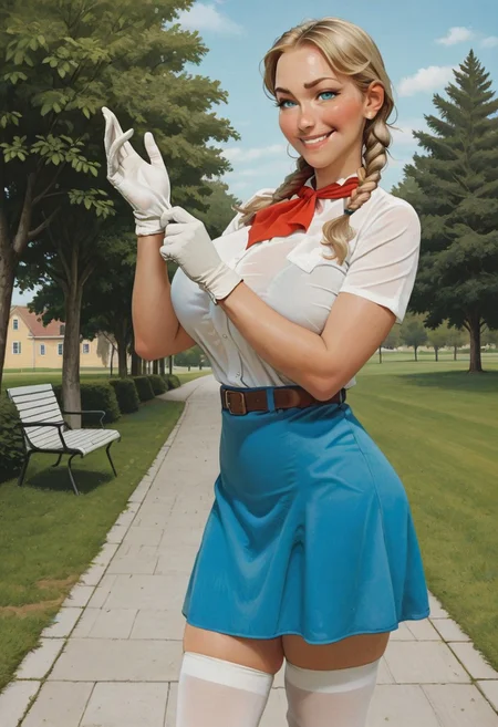 masterpiece, amazing quality, best quality, ultra-detailed, 8K, (murata yuusuke:0.7), pioneer movement, film grain, 
1girl, mature female, 30 years old,, blonde hair, long hair, twin braids, red neckerchief, white shirt, short sleeves, blue skirt, blue eyes, (white gloves:1.1), white thighhighs, pioneer neckerchief, (smug:1.1), soviet, smirk, hands up, adjusting gloves, huge breasts,
summer, (park:1.1),tall,skinny,
 <lora:norman_rockwell_illustrious_v0_1_v1:0.5> , norman rockwell, <lora:INCASE_v2.0:0.5> , BSSINCASE,