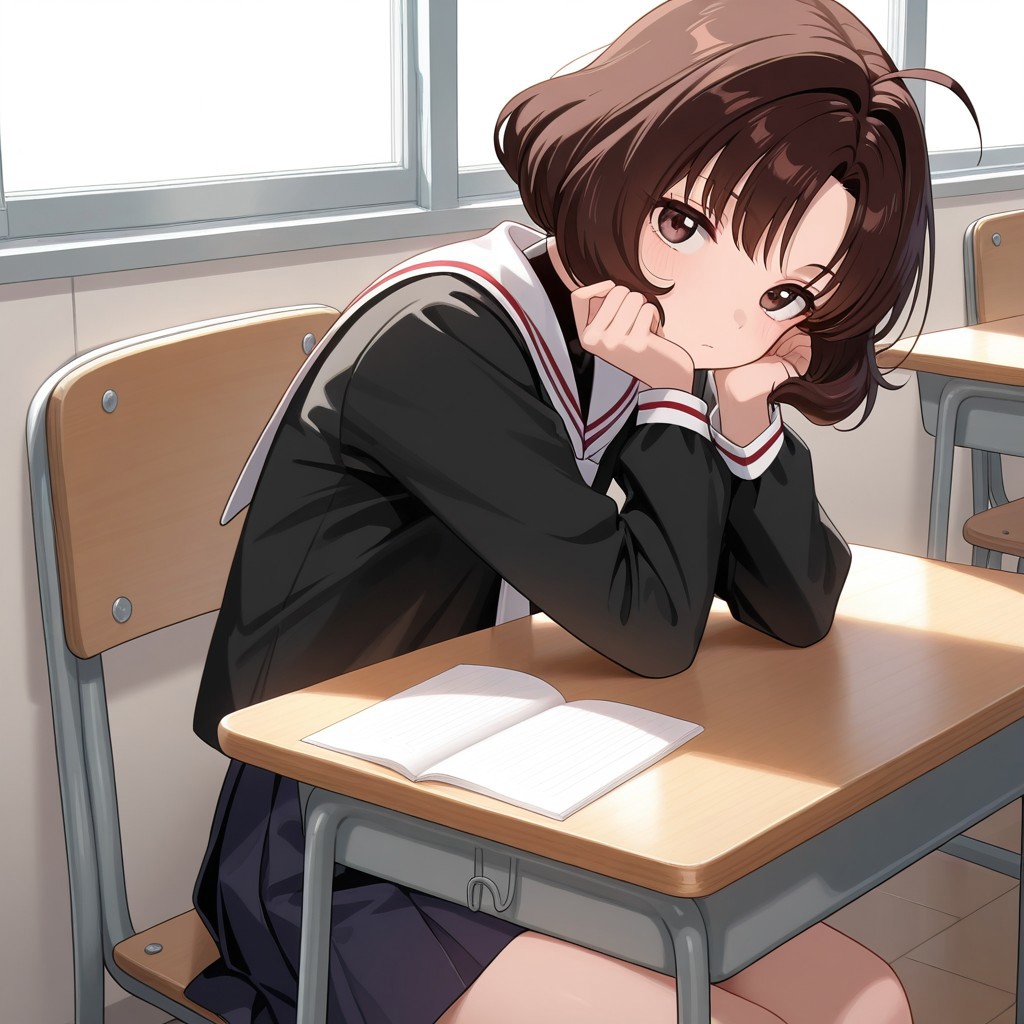 masterpiece, best quality, break, rika_cc, brown hair, short hair, brown eyes, school uniform, skirt, sitting, desk, headrest, bored, looking at viewer