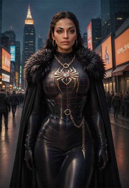 score_9, score_8_up, score_7_up, score_6_up,
1girl, in the center of times square,,new york,latina ,NECKLACE CHAIN LEASH DRESS, CINCHER, HARNESS ARMOR, CLOAK, FUR TRIM ,GLOVES <lora:Outfit_soph_LadyOfWinterfell-PDXL:0.9> , milesSuit , <lora:milesPony:0.7>, red and black suit