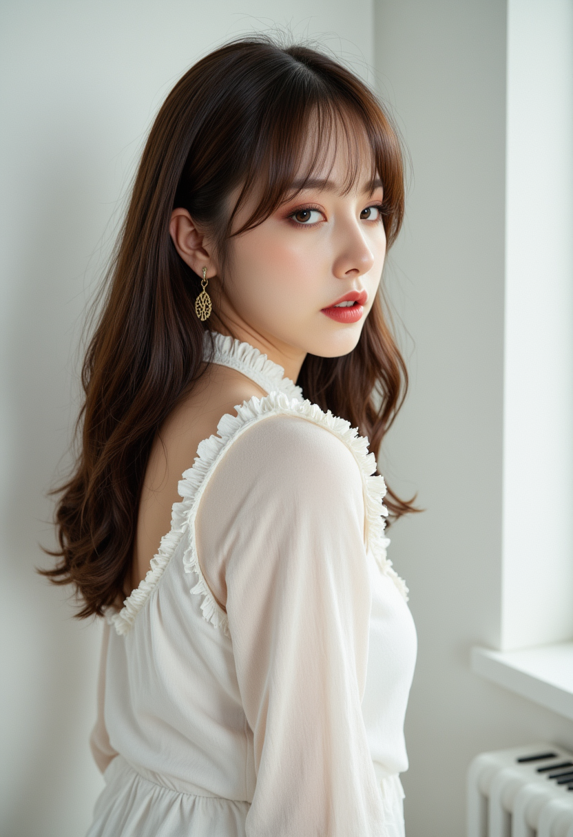 profile headshots, multiple angles, photoshoot poses; she has piercing eyes. A photo of  a woman.she is wearing a white frilly shirt. She is smiling. The background is a simple white wall. The overall mood of the image is Happy.RAW candid cinema,16mm,color graded portra 400 film,remarkable color,ultra realistic,textured skin,remarkable detailed pupils,realistic dull skin noise,visible skin detail,skin fuzz,dry skin,shot with cinematic camera,detailed skin texture,(blush:0.2),(goosebumps:0.3),subsurface scattering,beautiful photograph in the style of Augustus John,Sergio Toppi,Virginia Frances Sterrett,8k HD,detailed skin texture,ultra realistic,textured skin,analog raw photo,cinematic grain,whimsical.perfection style,aidmafluxpro1.1