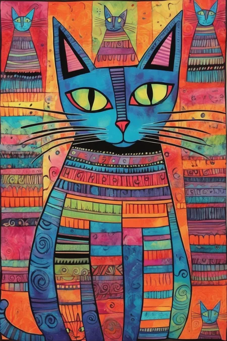 <lora:Laurel Burch Style:1>Laurel Burch Style - whimsical cat doodle mashup batik vibrant bauhaus