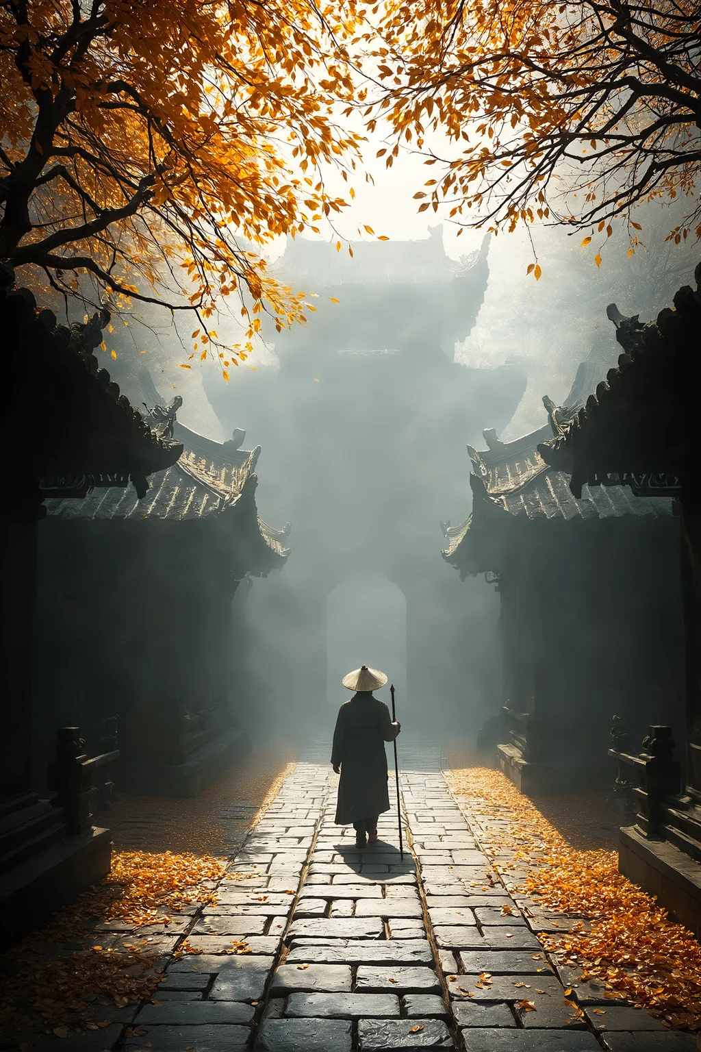 A mysterious autumn scene in an ancient Asian temple, misty atmosphere with shafts of light. A lone figure with a staff walks away down a stone path lined with ornate temple structures. Golden autumn leaves falling, creating a ethereal mood. Cinematic lighting, detailed architecture, photorealistic style.