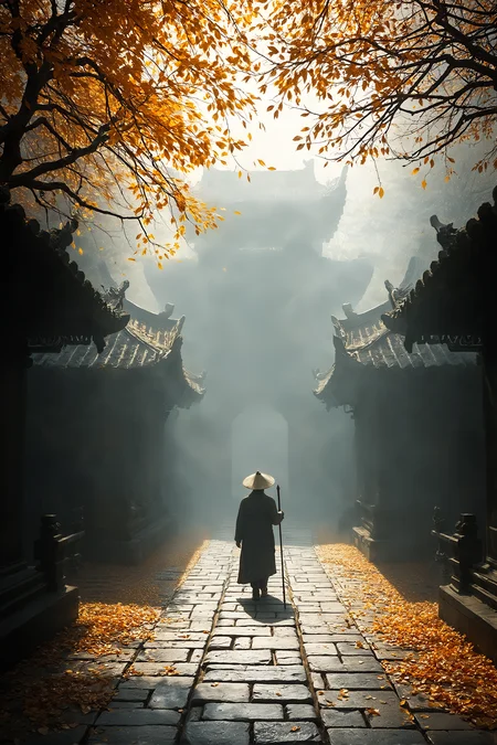 A mysterious autumn scene in an ancient Asian temple, misty atmosphere with shafts of light. A lone figure with a staff walks away down a stone path lined with ornate temple structures. Golden autumn leaves falling, creating a ethereal mood. Cinematic lighting, detailed architecture, photorealistic style.