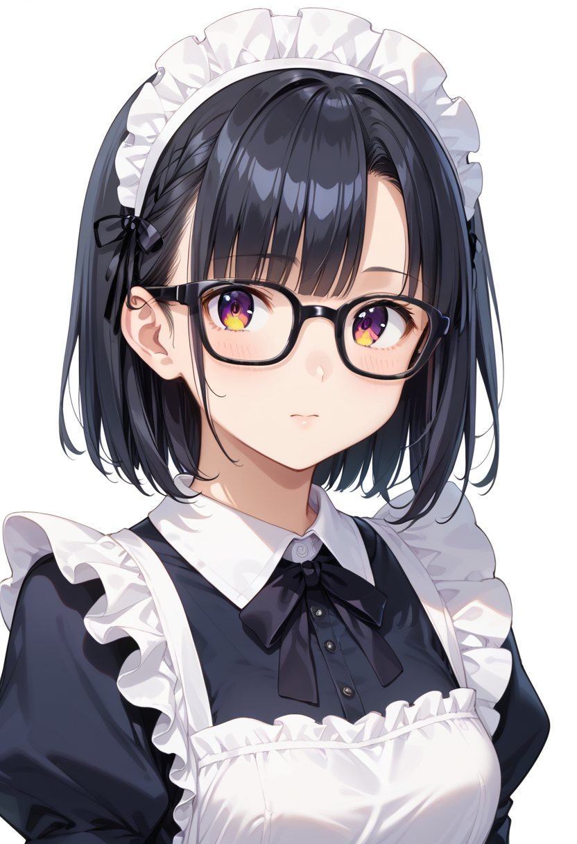 score_9, score_8_up, score_7_up, rating_safe, masterpiece, best quality, absurdres, unity 8k wallpaper, official art, official style, source_anime, uncensored, game cg, megami magazine,
1girl, solo, black hair, medium hair, upper body, covered eyes,maid, maid headdress, black dress, maid apron, face focus,
Wellington22A, glasses, white background, simple background, black-framed eyewear
 <lora:glasses_Wellington22A1_PONY_V1:1>