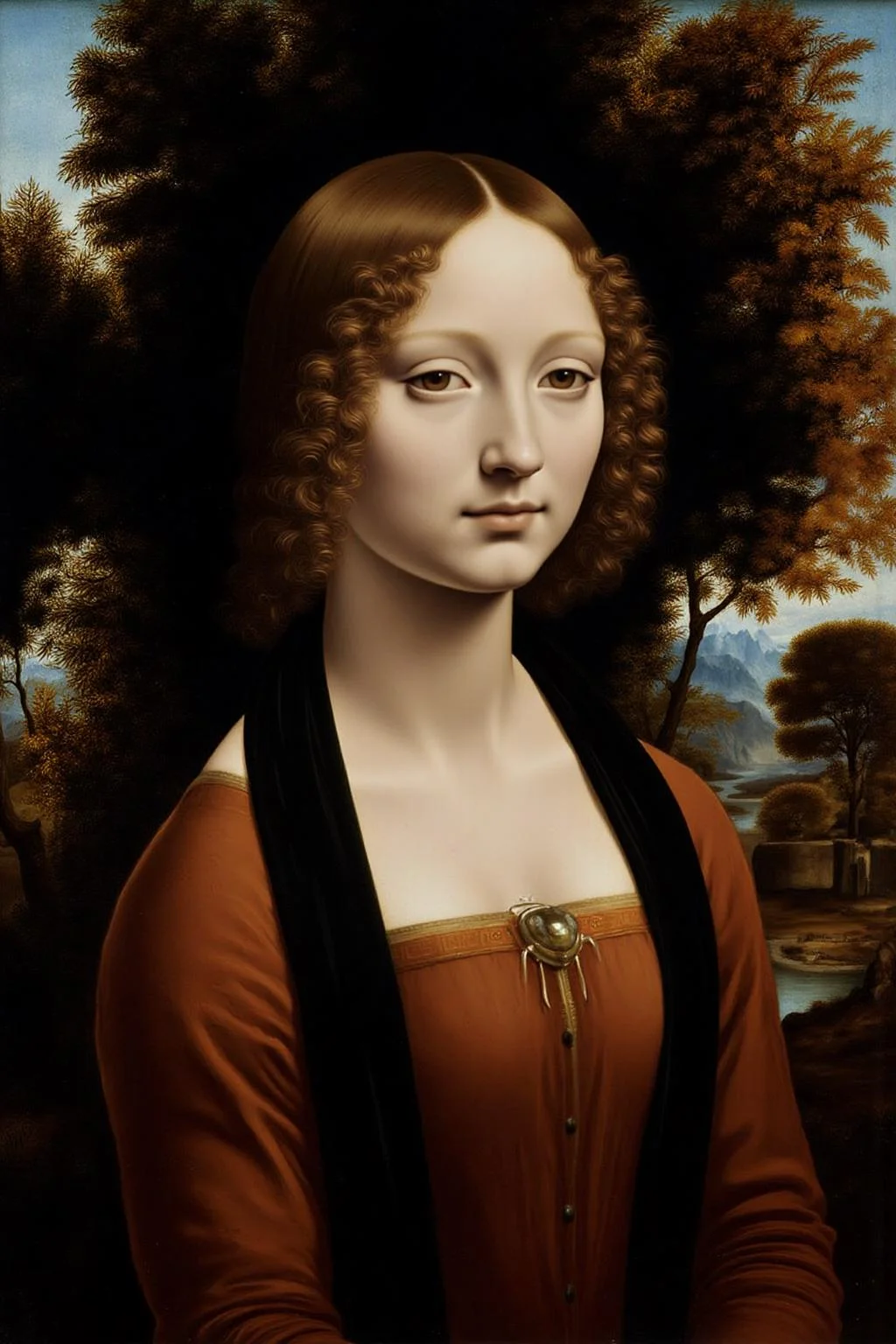 davinci1 painting.
A young woman with curly hair wears a deep orange-brown dress and a black sash. Her expression is calm and contemplative. She is looking directly at the viewer. The background features a natural landscape with trees, a body of water, and distant mountains, suggesting a peaceful and idyllic setting. <lora:davinci1_cap_d6a3e12:1.0><lora:852102572062809988:0>