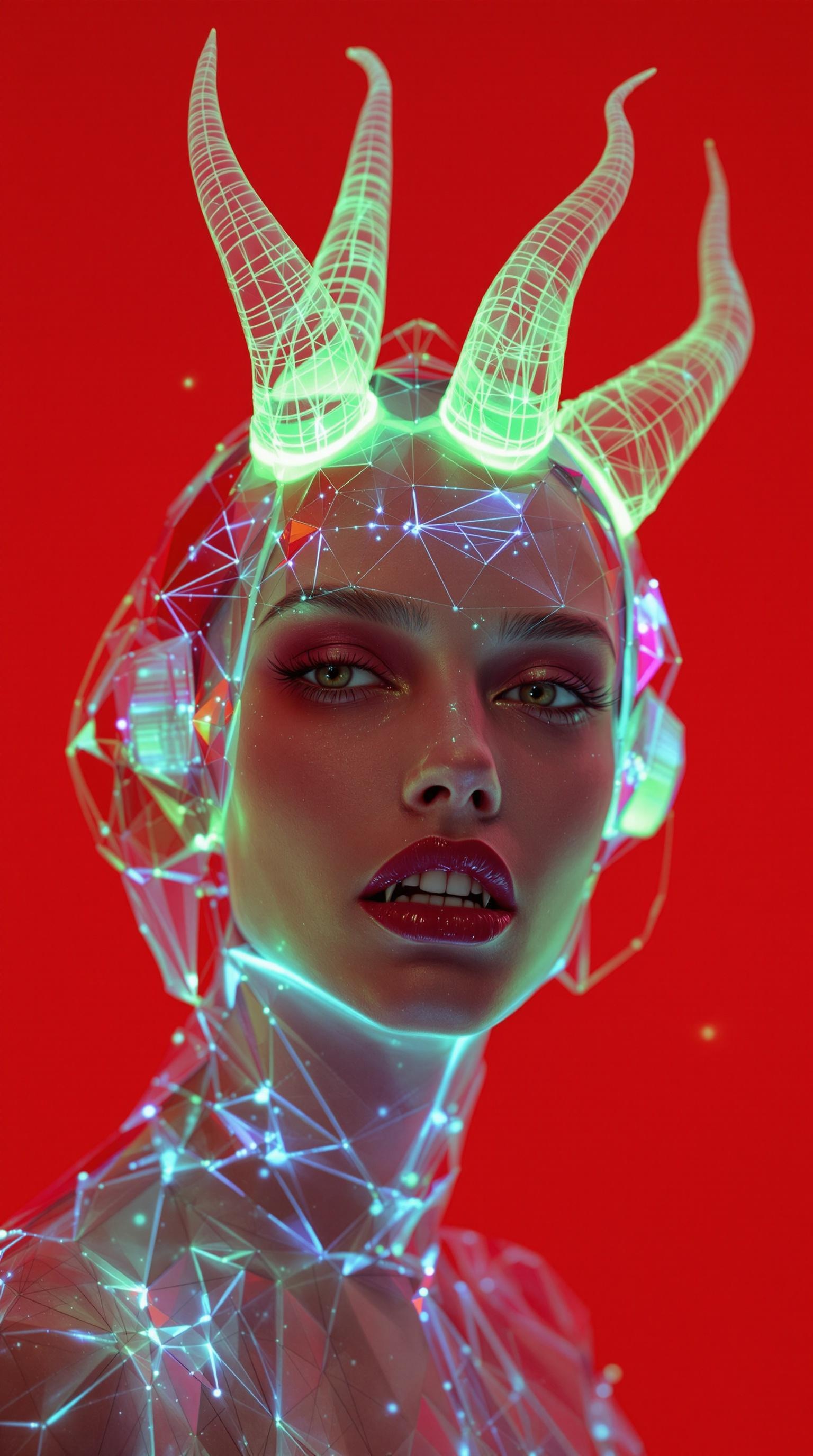 woman with fair skin, wearing a translucent and transparent headgear that covers her entire head, creating a surreal, futuristic effect. The headgear is delicate, yet striking, with subtle geometric patterns etched into its surface. Attached to the headgear are glowing, toxic-colored horns that twist upward in sharp, angular shapes, emitting a faint green and purple glow. Beneath the translucent surface, fangs emerge from her lips, further enhancing the otherworldly, fierce look. The background is red and minimalistic with non-linear black and white lines drawn in a way to create an visual art of the highest artistic influence, allowing the glowing elements to stand out, creating a haunting, high-fashion, sci-fi aesthetic.