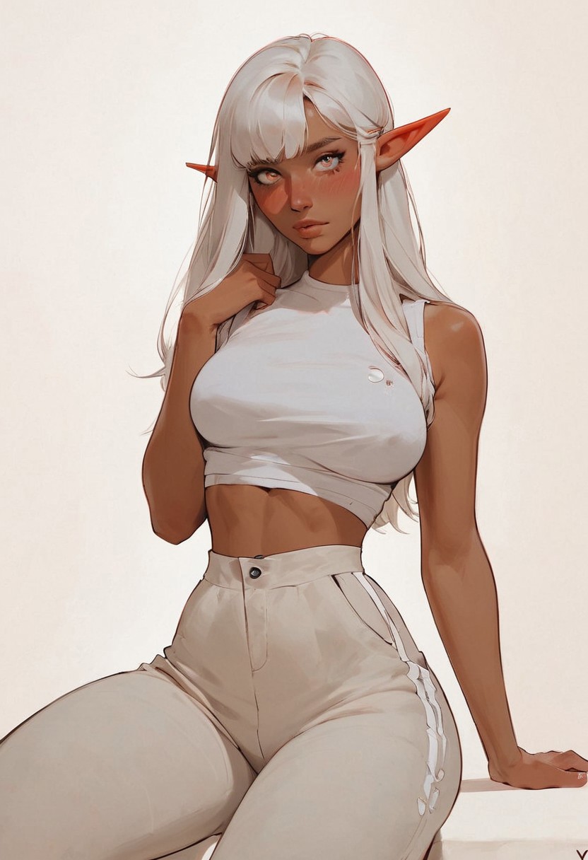 score_9, score_8_up, score_8_up, elf, 1 elf girl, white hair, bangs, photoshoot, posing cute, posing sexy, nsfw, portrait, tanned skin, ((streetwear)), taking pants off, shy, blushing, thick ass, teardrop shaped tits, thick thighs, fit body,thin waists, from waist up, beautiful, studio lighting, negative_hand, g0thicPXL, GTA