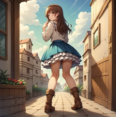 score_9, score_8_up, score_7_up, source_anime, (detailed background), intricate detail, BREAK, rating_questionable, uncensored, <lora:Pony_DetailV2.0:1.5>,bell skirt, <lora:bell_skirt-PD-1.0:1>, frills, layered skirt, lace, from behind, worried, looking back, arched back, boots