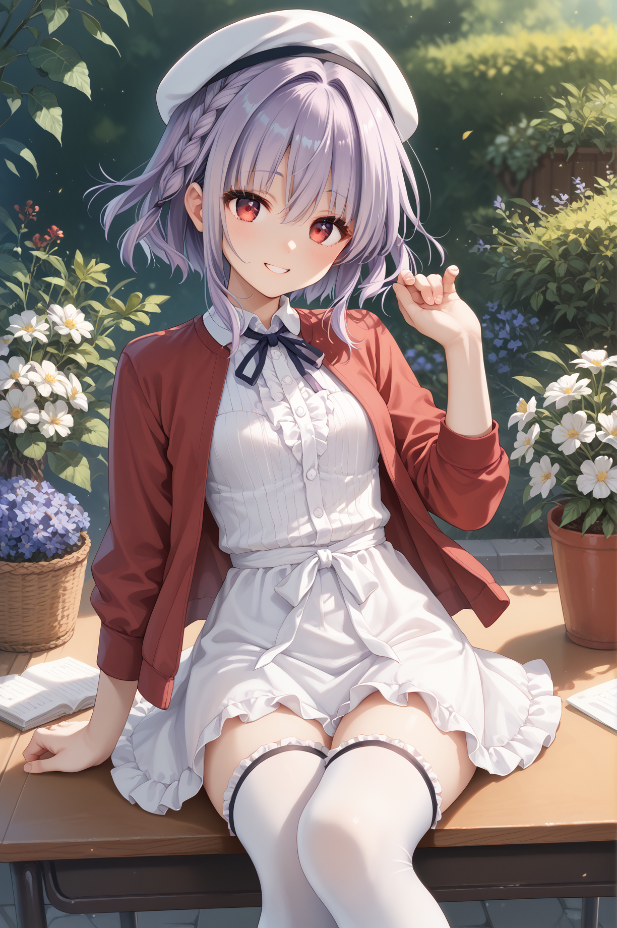 score_9, score_8_up, score_7_up, score_6_up, score_5_up, score_4_up,anime,
 asukaminato, red eyes, braid, purple hair, short hair,smile,
katouclothes, white headwear, red jacket, jacket, white dress, frilled thighhighs, neck ribbon, frilled skirt, 
white thighhighs, sitting on desk,
knee up,garden,  <lora:AsukaXLPony:1>,<lora:katouclothesXLPony:1>