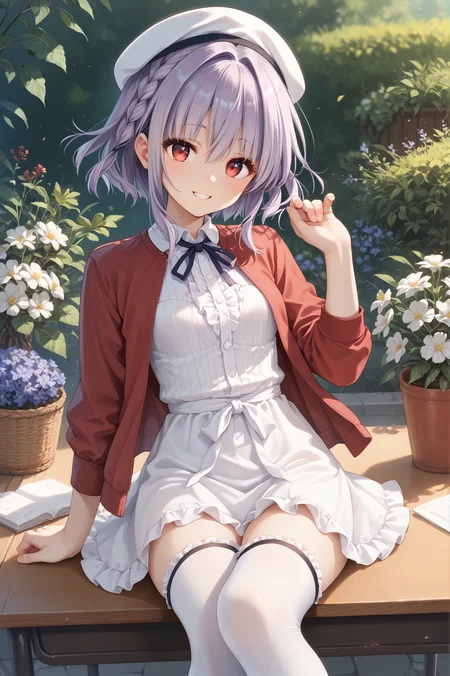 score_9, score_8_up, score_7_up, score_6_up, score_5_up, score_4_up,anime,
asukaminato, red eyes, braid, purple hair, short hair,smile,
katouclothes, white headwear, red jacket, jacket, white dress, frilled thighhighs, neck ribbon, frilled skirt,
white thighhighs, sitting on desk,
knee up,garden, <lora:AsukaXLPony:1>,<lora:katouclothesXLPony:1>