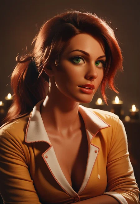 score_9, score_8_up, score_8,
JanePorterXLP, pajamas, moody lighting,
1girl, sexy girl, solo,38 years old, hair in messy ponytail, green eyes, red hair, tan, eye contact, looking seductively at viewer,
full color, candles in background